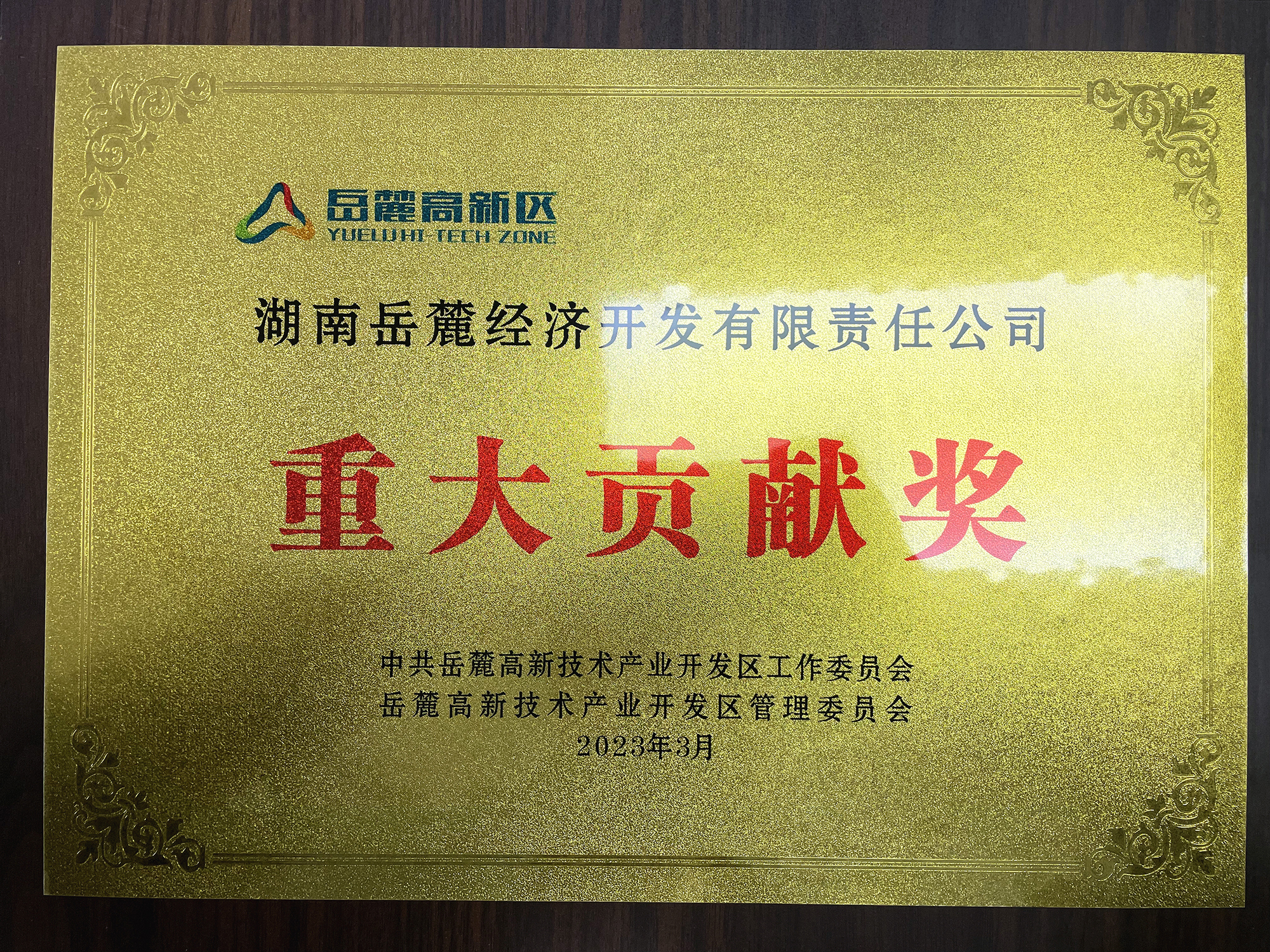 2023年3月，智谷集团下属子公司岳麓公司获得岳麓高新区重大贡献奖。